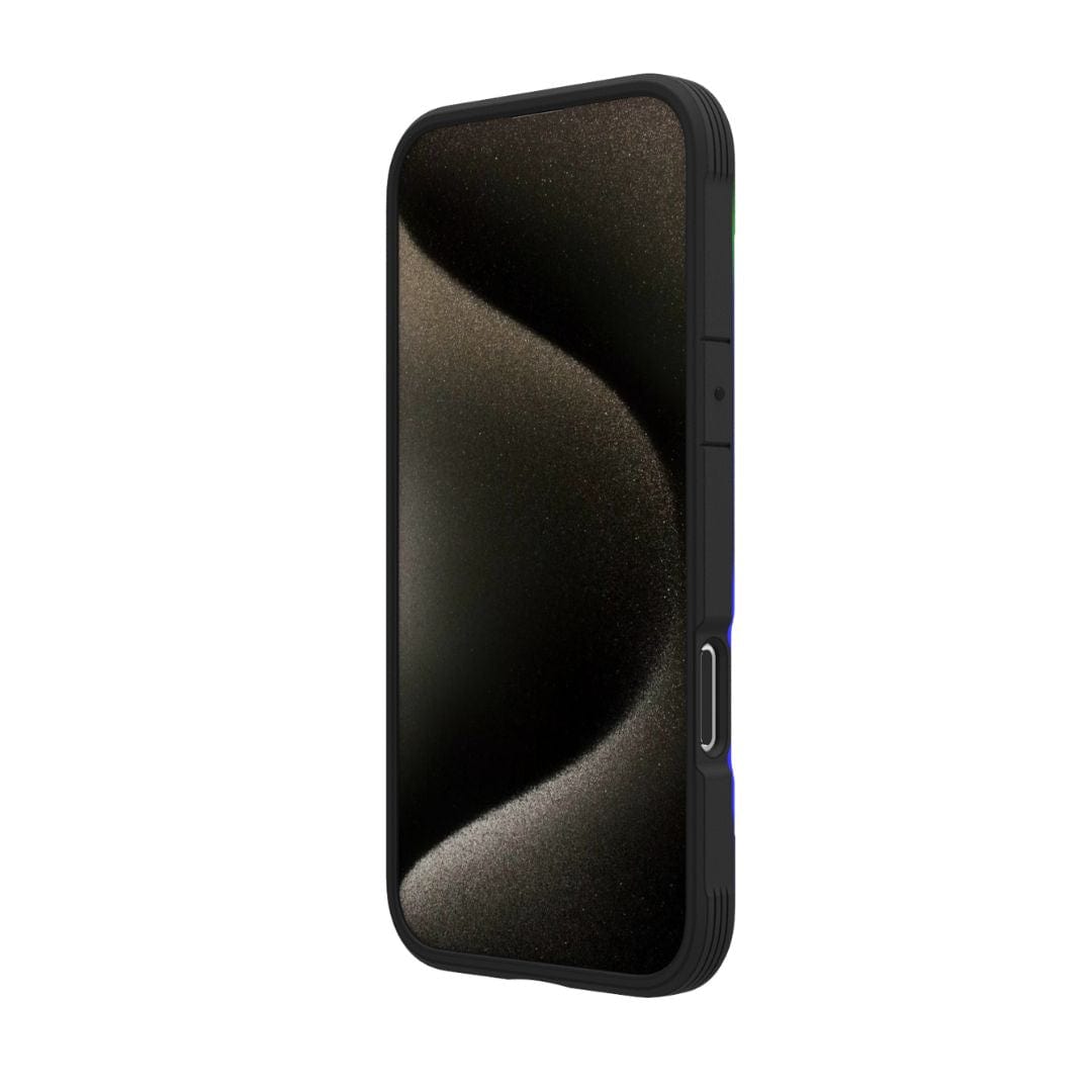 A sleek, black iPhone 16 Pro Max is adorned with a black and gold sand-textured design on its lit screen. The phone is encased in the Raptic Shield 2.0 MagSafe case by Raptic, featuring a black frame with visible curved volume buttons on one side and a charging port at the bottom. The phone is displayed at an angle, highlighting its elegant design.