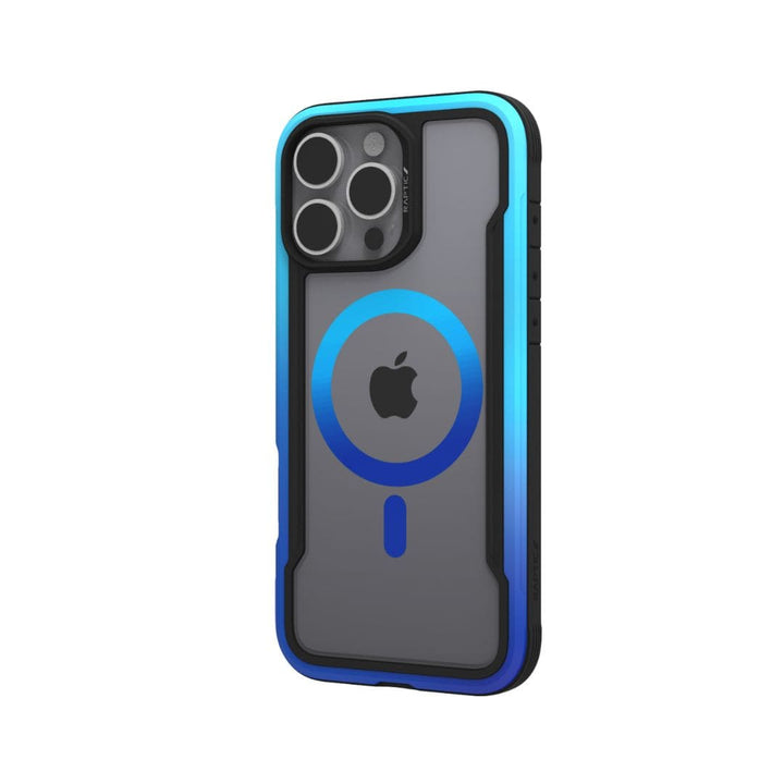 Image of a smartphone in a blue and black Raptic Shield 2.0 MagSafe for iPhone 16 Pro Max case. The phone features a triple camera setup with flash, and the Apple logo is visible on the back. The clear case has a circular MagSafe ring design and durable TPU bumper for extra protection. The case is by Raptic.
