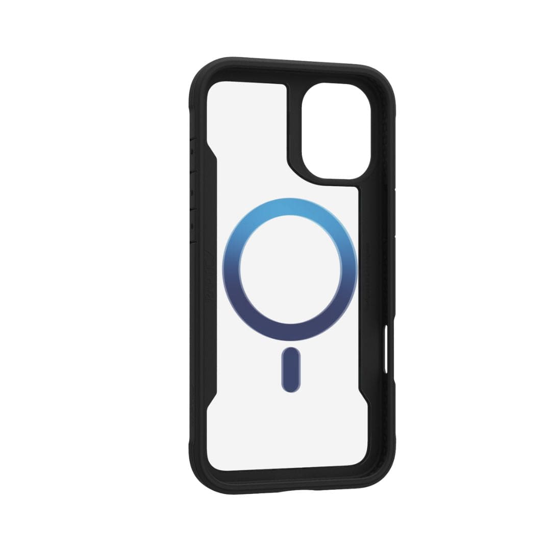 The Raptic Shield 2.0 MagSafe for iPhone 16 Pro Max by Raptic features a black frame with a white back panel, adorned with a blue circular design in the center. The circle exhibits a gradient from dark to light blue and includes a small vertical line at the bottom. The case also has precise cutouts for the camera, side buttons, and MagSafe ring.