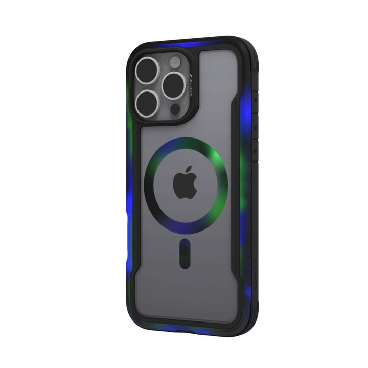 A black iPhone is encased in a sturdy Raptic Shield 2.0 MagSafe for iPhone 16 Pro Max case, featuring a transparent back with green and blue LED lights. The Apple logo and MagSafe ring are visible through the clear back, and the case has reinforced TPU bumper edges for added protection.