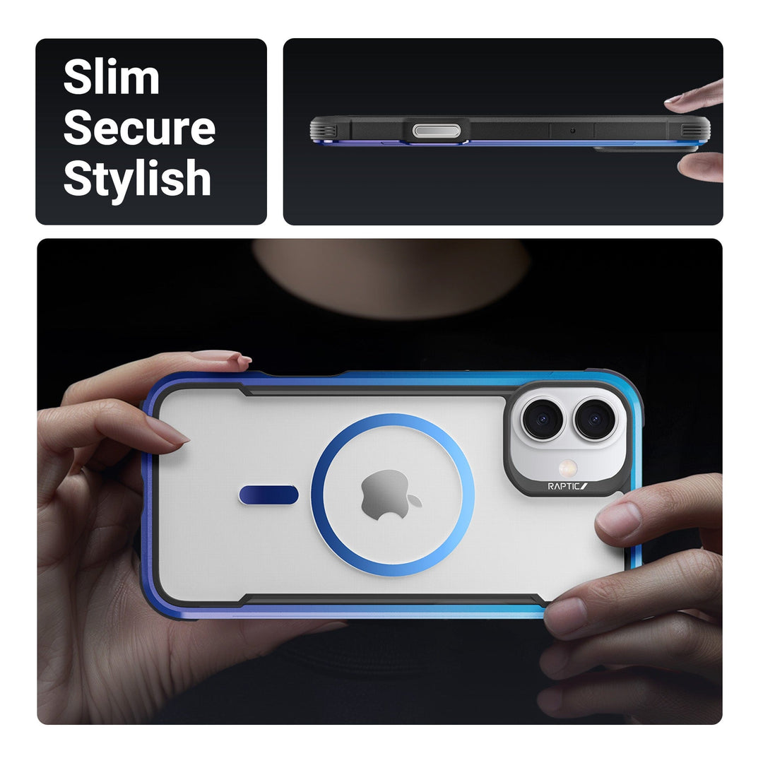 A person holds an iPhone 16 Pro Max encased in the Raptic Shield 2.0 MagSafe, featuring a blue accent. The phone showcases a prominent camera module and a circular MagSafe ring on the back, with text above the image reading "Slim", "Secure", "Stylish". Another view highlights the phone's slim profile, revealing visible side buttons and ports.