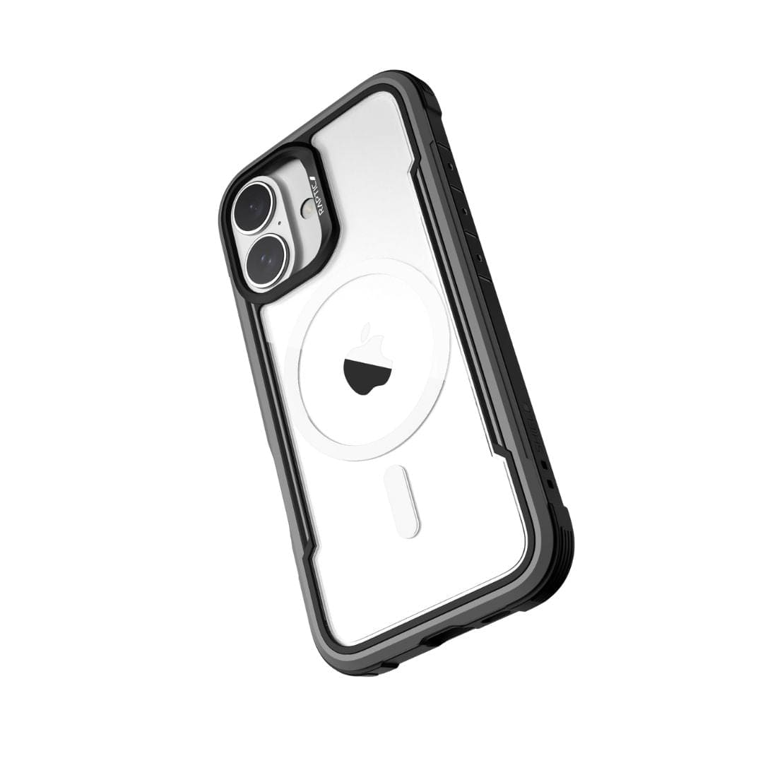 The Raptic Shield MagSafe Case for iPhone 16 by Raptic is a black and transparent protective case designed to fit an iPhone 16. It features a clear back panel with a white circular MagSafe-compatible area at its center, black reinforced borders, and is built to meet MIL-STD-810G Standards for 3-metre drop protection. The camera cutout accommodates two lenses, while the Apple logo remains visible through the clear back.