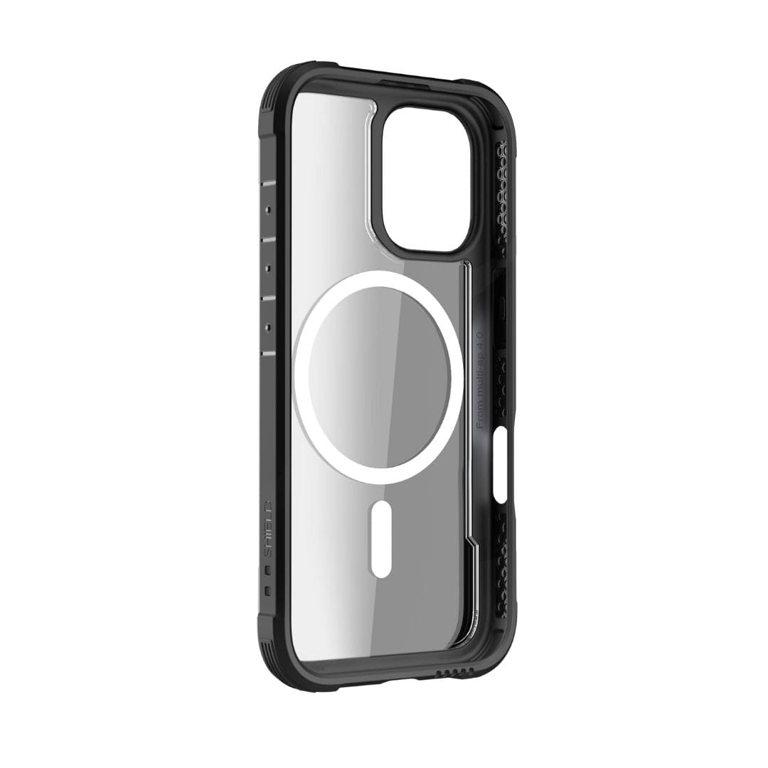 The Raptic Shield MagSafe Case for iPhone 16 by Raptic is a rugged case with a clear back and black edges. It features a large circular MagSafe-compatible magnet in the center and multiple button cutouts along the sides. The case meets MIL-STD-810G Standards for durability, offers 3-meter drop protection, and showcases the phone's original color.