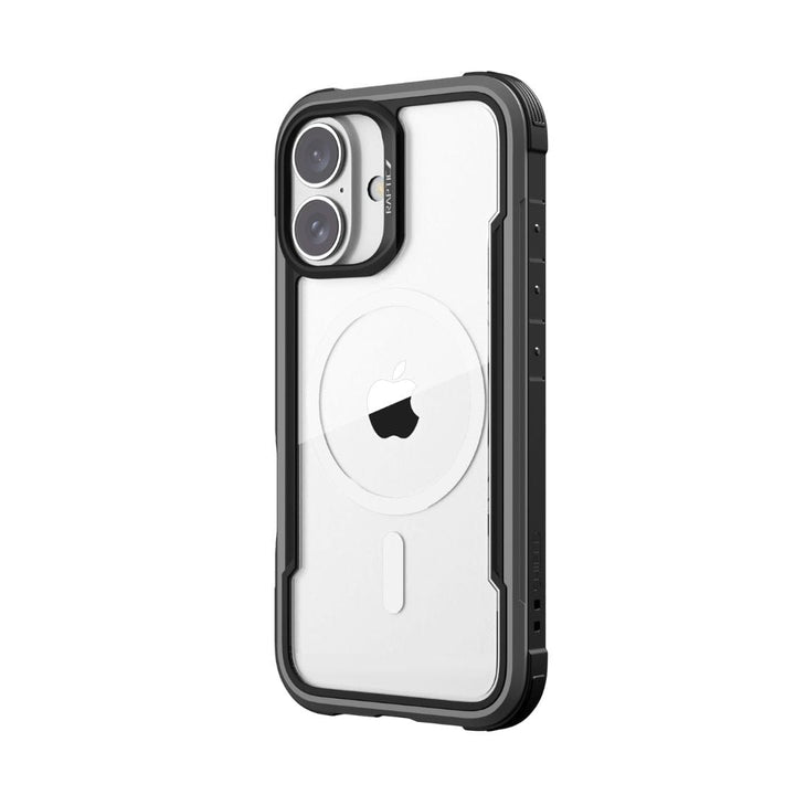 The Raptic Shield MagSafe Case for iPhone 16 by Raptic is shown in black and white with a rugged design. The back features a clear panel showcasing the Apple logo at the center. It has reinforced edges, dual camera cutouts on the top left corner, and meets MIL-STD-810G Standards for durability. This case also offers 3-meter drop protection.