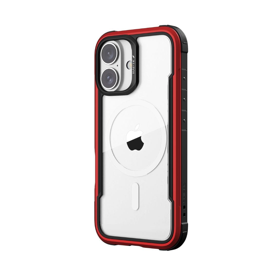 The Raptic Shield MagSafe Case for iPhone 16 is depicted in a clear design with a red and black frame, featuring precise cutouts for the camera lenses and buttons. Engineered to meet MIL-STD-810G Standards, it provides 3-metre drop protection while preserving the phone's aesthetics and keeping the Apple logo visible.