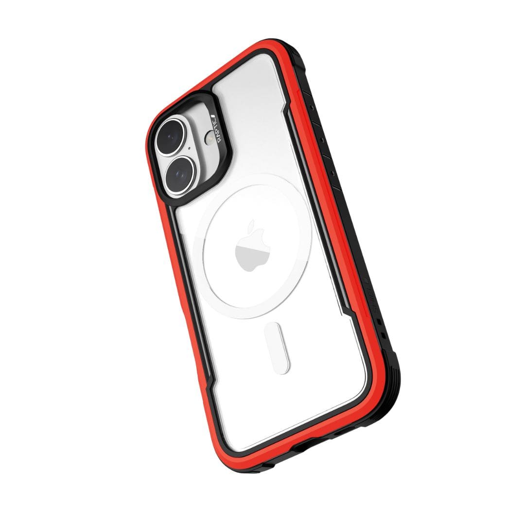 The Raptic Shield MagSafe Case for iPhone 16 is a clear phone case with black and red edges, designed to fit an iPhone 16 with dual rear cameras. It features a white circle indicating wireless charging compatibility and is showcased in a back-right angled view. The case meets MIL-STD-810G standards for protection and has a precise camera cutout.