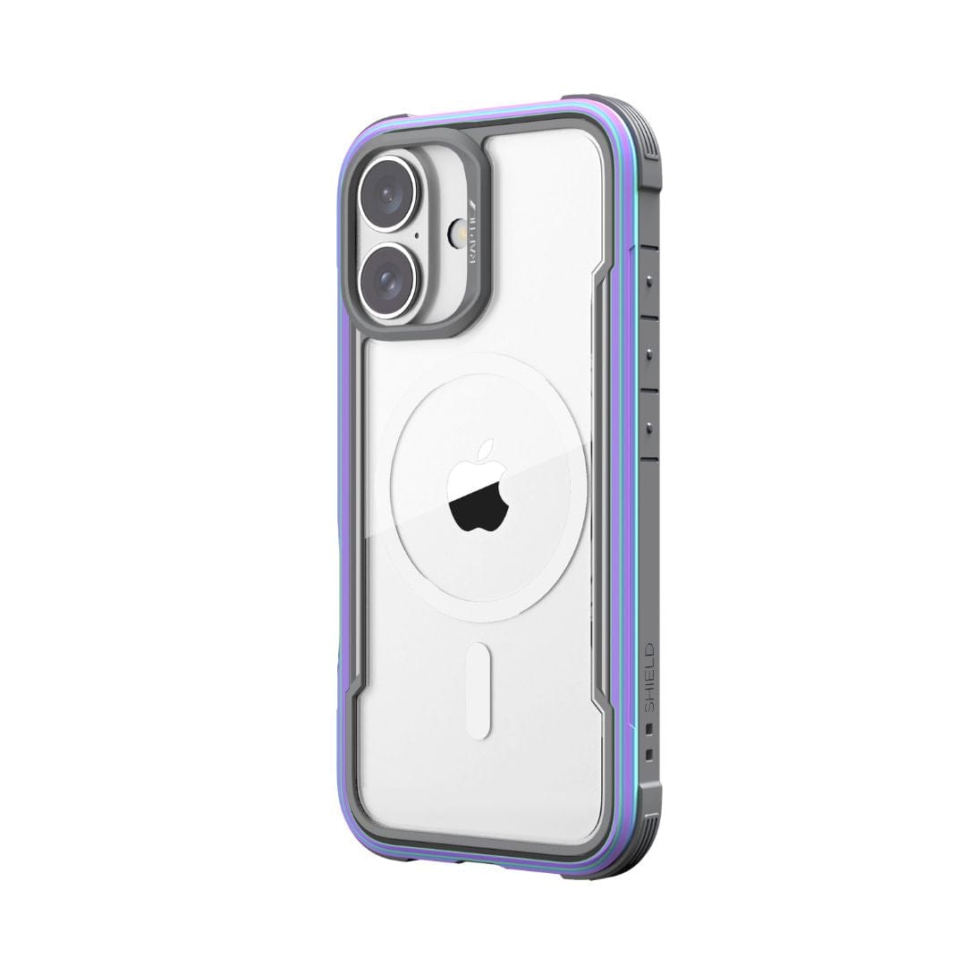 The Raptic Shield MagSafe Case for iPhone 16 by Raptic, featuring a transparent design with a purple edge, encases a white smartphone, showcasing the iconic Apple logo prominently in the center. With reinforced corners and raised edges for enhanced protection, this case meets MIL-STD-810G standards and offers robust 3-meter drop protection. The iPhone 16 itself has dual rear cameras and boasts a distinct, sleek design.