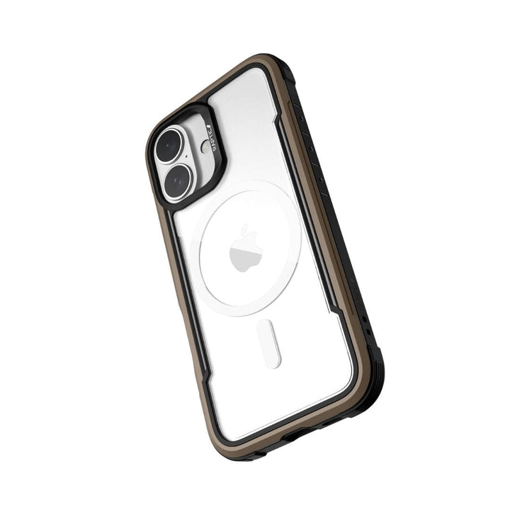 The image shows a Raptic Shield MagSafe Case for iPhone 16 encasing a smartphone in a rugged, two-tone protective design. The case features a clear back panel, revealing the Apple logo on the phone, and a durable, dark-colored border with MIL-STD-810G Standards and 3-metre drop protection. The phone's dual camera lenses are prominently visible.