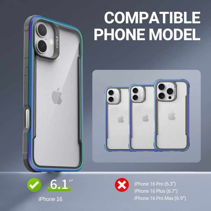 Image showing the Raptic Shield MagSafe Case for iPhone 16 (6.1"). The phone case covers the iPhone 16 model displayed on the left. A comparison image on the right shows three incompatible models: iPhone 16 Pro (6.3"), iPhone 16 Plus (6.7"), and iPhone 16 Pro Max (6.9"). Red "X" icons indicate incompatibility with these models from Raptic.
