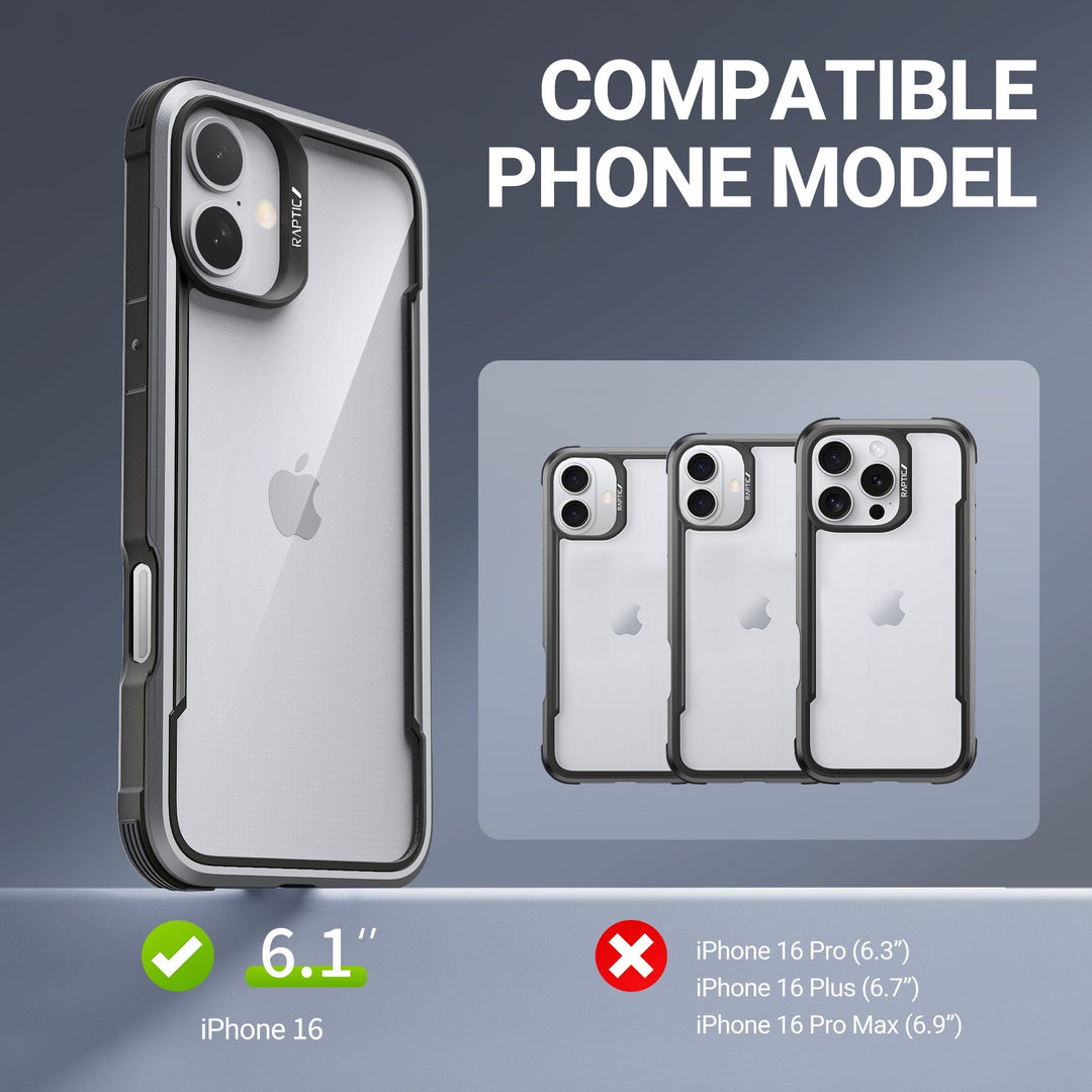 Image displaying a Raptic Shield MagSafe Case for iPhone 16 on a clear iPhone 16, positioned next to three other iPhones encased in the same model. At the top, text reads "COMPATIBLE PHONE MODEL." Below it, there is a green checkmark alongside the text "6.1" iPhone 16." To the right, a red cross and accompanying text indicate incompatibility with iPhone 16 Pro and Plus.