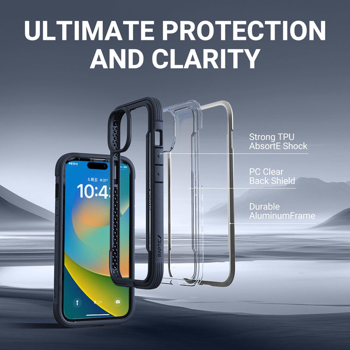 Image displaying a Raptic Shield MagSafe Case for iPhone 16 with a blue and yellow screen, surrounded by layers including a strong TPU AbsorbE Shock layer, a PC clear back shield, and a durable aluminum frame. Text at the top reads "ULTIMATE PROTECTION AND CLARITY." The serene mountainous background enhances the scene.