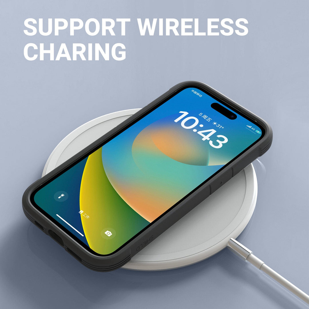 A smartphone lies on a round wireless charging pad, showcasing its time "10:43" along with app icons and a vibrant gradient wallpaper. Connected by a cable, the pad emphasizes "SUPPORT WIRELESS CHARGING." The Raptic Shield MagSafe Case for iPhone 16 ensures both style and usability.