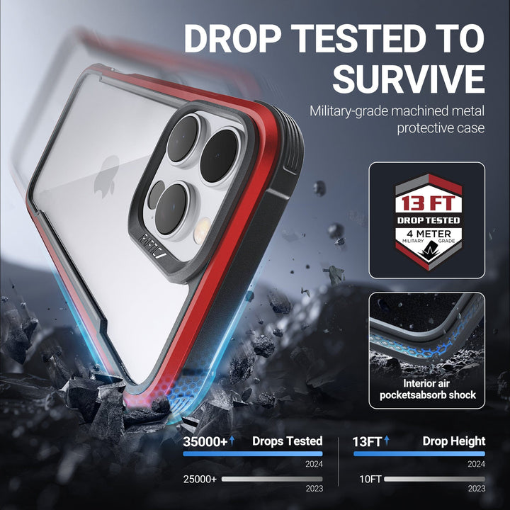 Advertisement for the Raptic Shield MagSafe Case for iPhone 16. The image showcases a rugged case with a transparent back, reinforced red and black edges, and three large camera cutouts. It claims "Drop Tested to Survive" with up to 3-metre drop protection, meeting MIL-STD-810G Standards. A rugged outdoor background enhances the product's durability appeal.