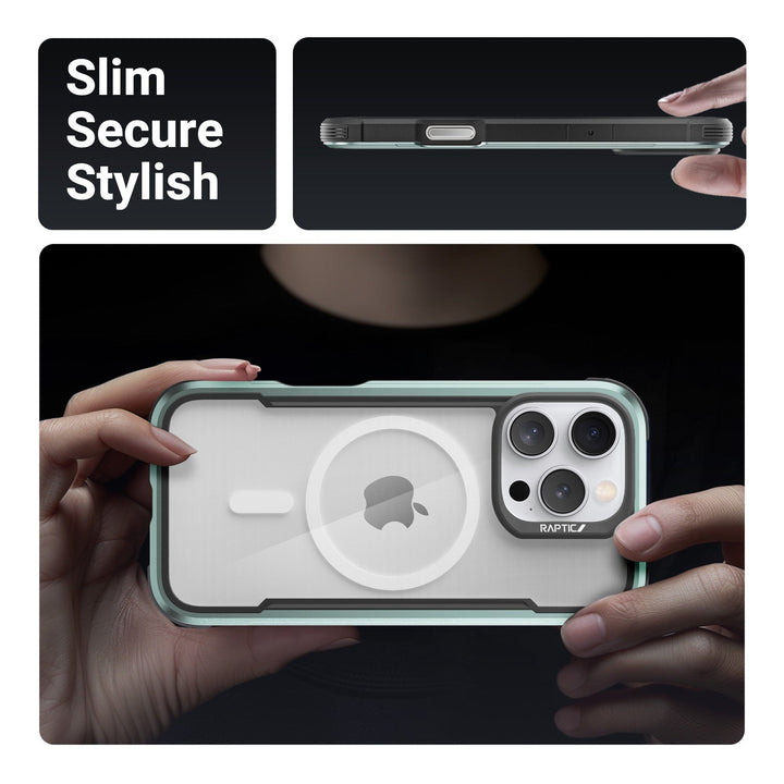 A person holds a smartphone horizontally in both hands, showcasing the rear of the phone protected by the sleek, transparent Raptic Shield MagSafe Case. Above, text reads "Slim, Secure, Stylish." An additional image highlights a side profile view of the Raptic Shield MagSafe Case for iPhone 16 Plus in its slim design.