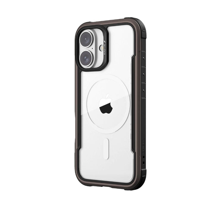 A transparent Raptic Shield MagSafe Case for iPhone 16 Plus with a black frame reveals a white phone underneath. The phone, an iPhone 16 Plus, has the Apple logo visible on its back and a dual camera setup in the top left corner. This case from Raptic provides rugged drop protection with its reinforced edges and precise cutouts.