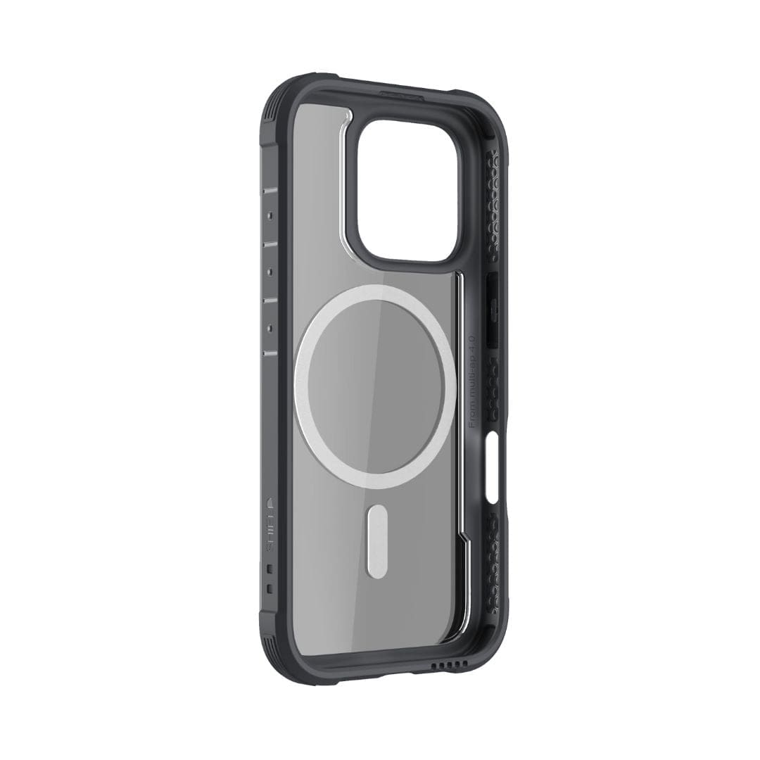 The Raptic Shield MagSafe Case for iPhone 16 Plus by Raptic is a transparent case featuring black reinforced edges for enhanced durability. The back showcases a white circular alignment guide and a smaller rectangle below, indicating compatibility with MagSafe charging. This case offers precise cutouts for the camera, buttons, and ports, ensuring robust drop protection.