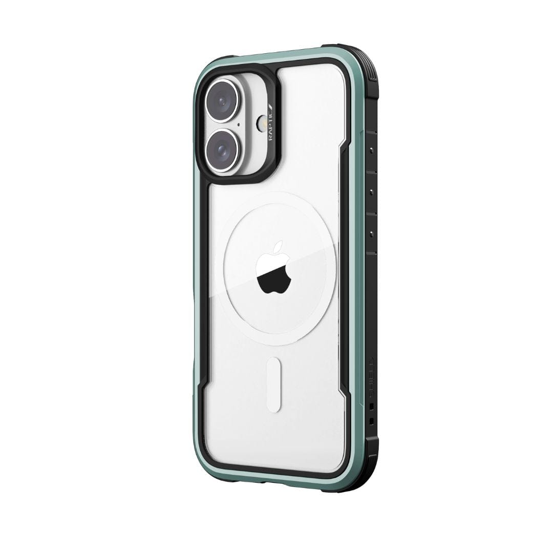 Introducing the Raptic Shield MagSafe Case for iPhone 16 Plus—a smartphone accessory with a rugged, dual-layer design. The back is clear, showcasing the Apple logo, and black edges with reinforced corners offer excellent drop protection. A circular cutout ensures wireless charging compatibility, and the camera module is prominently placed at the top left.