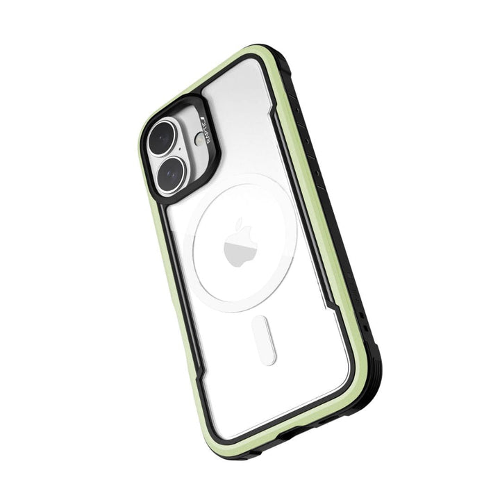 The Raptic Shield MagSafe Case for iPhone 16 Plus is a clear protective case featuring black and green edges, designed to showcase the iPhone's rear camera lenses and a visible Apple logo through its transparent back. This sturdy case from Raptic offers significant drop protection for your device.