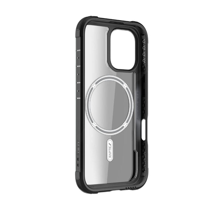 A transparent Raptic Shield MagSafe case with black edges designed for the iPhone 16 Plus. The back features a circular MagSafe magnet ring in the center, while the edges have textured grips and raised protective corners for drop protection. The branding "Raptic" is visible on the side of this iPhone 16 Plus case.