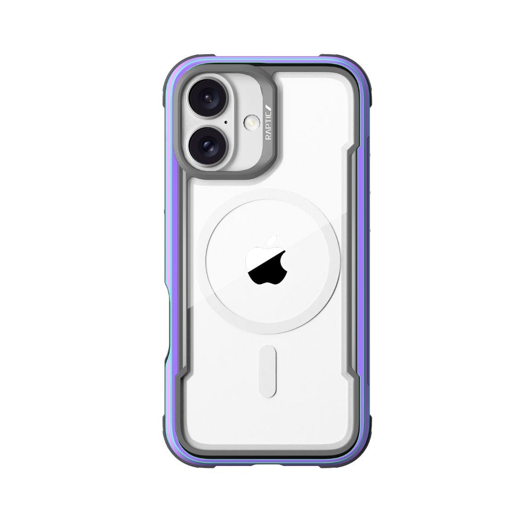 A white iPhone 16 Plus encased in a durable, transparent Raptic Shield MagSafe Case with purple accents. The case, branded by Raptic, features drop protection, a visible MagSafe ring on the back, and two rear camera lenses. The Apple logo is centered on the back of the phone, with "PITAKA" printed near the camera section.