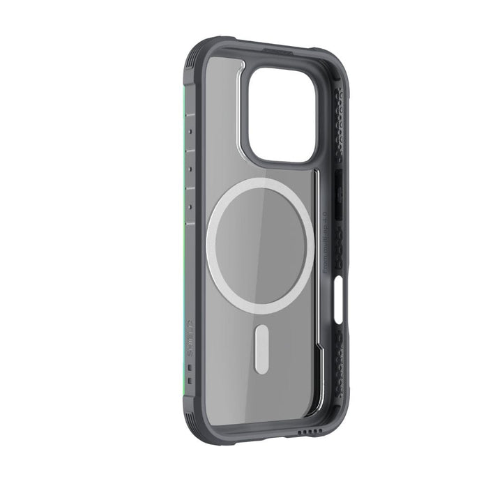 The Raptic Shield MagSafe Case for iPhone 16 Plus is a rugged gray case with black edges. It features reinforced corners, a camera cutout, and a circular MagSafe charging indicator on the back. The interior edges have green accents, ensuring sturdy drop protection for heavy-duty use.