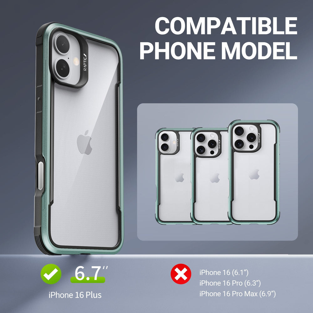 Image featuring two Raptic Shield MagSafe Cases for iPhone 16 Plus, specifically designed for the 6.7-inch display and offering superior drop protection. A smaller image highlights compatible models, showing the iPhone 16 Plus (6.7") with a green checkmark and indicating that the iPhone 16 (6.1"), iPhone 16 Pro (6.1"), and Pro Max (6.9") are not compatible.
