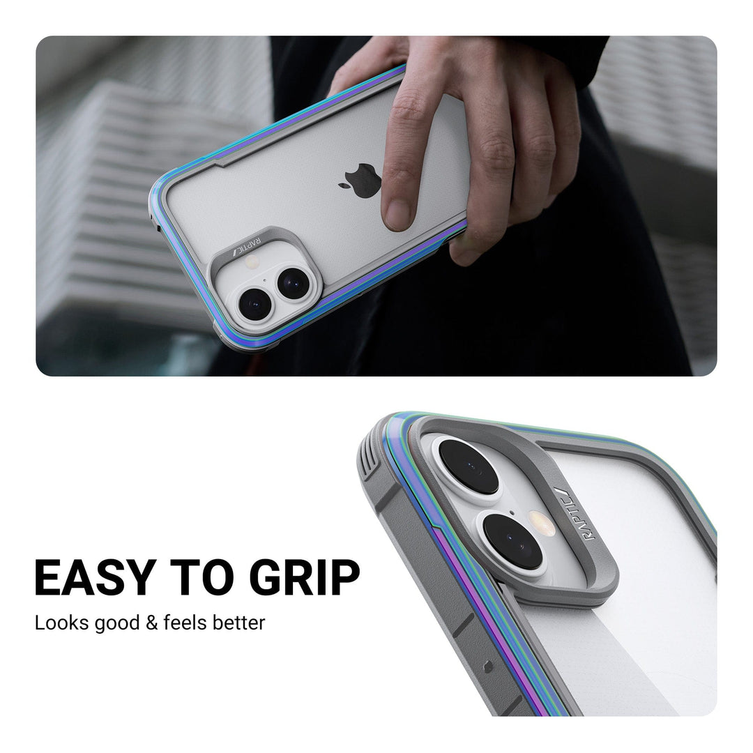 The image shows a hand holding an iPhone 16 Plus with the Raptic Shield MagSafe Case, featuring a clear back and teal edges that highlight its dual camera setup. Below, a close-up of the case emphasizes its textured grip. The text reads "EASY TO GRIP - Looks good & feels better," underscoring the ergonomic design and drop protection provided by Raptic.