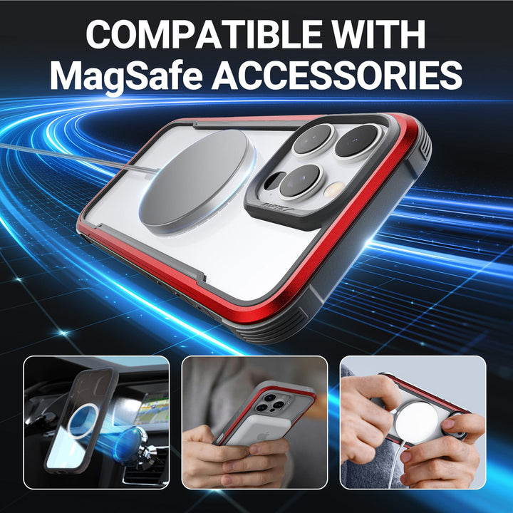 Image showing an iPhone 16 Plus equipped with the Raptic Shield MagSafe Case and a MagSafe charger attached. The text "COMPATIBLE WITH MagSafe ACCESSORIES" is at the top. Below are three smaller images demonstrating the phone's use in a car mount, being held, and a MagSafe charger being attached. Background features a blue, futuristic light trail.