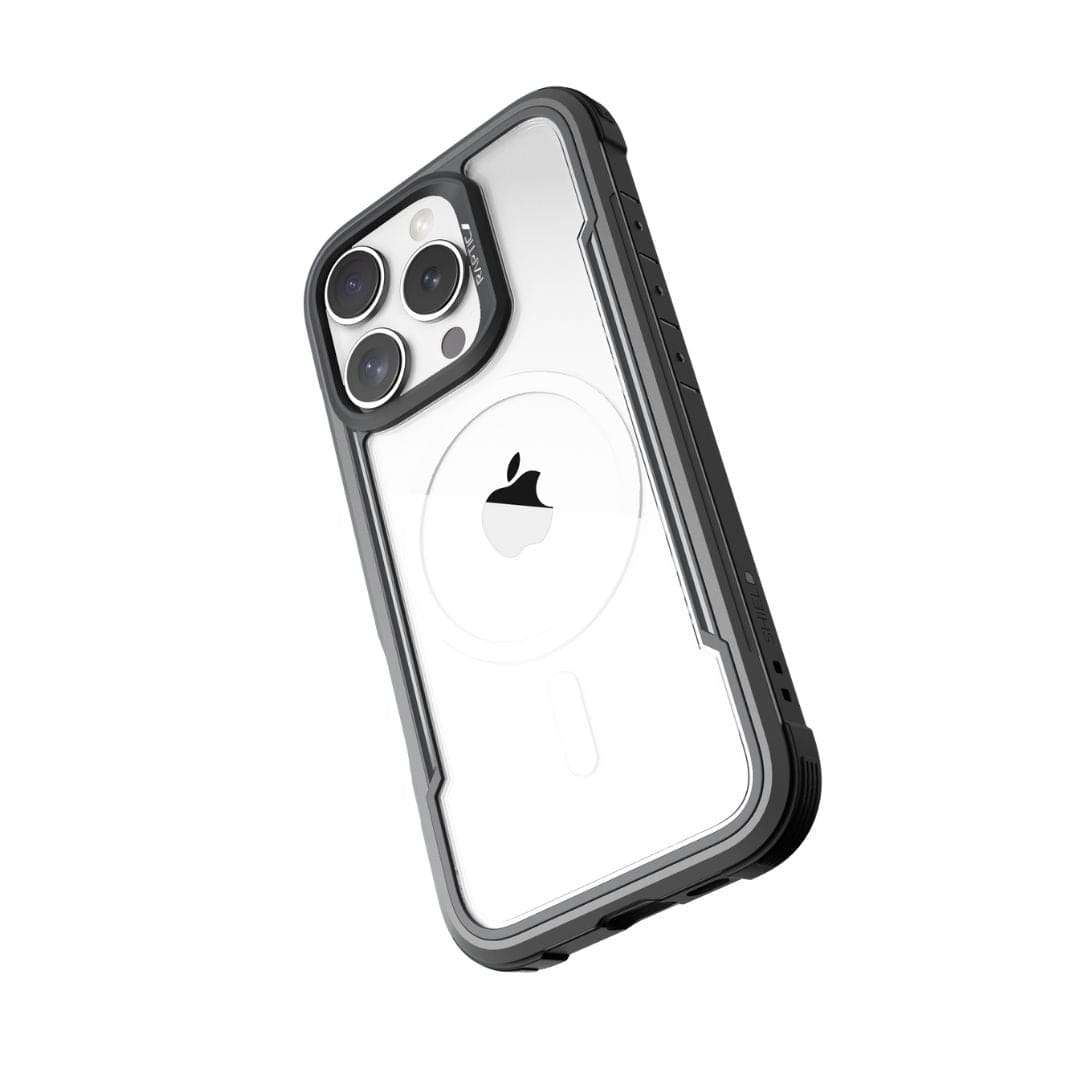 Image of an iPhone 16 Pro Max encased in a Raptic Shield MagSafe Case. The phone's rear features three camera lenses, a flash, and an Apple logo visible through the clear section of the case, which has black edges. The rugged case from Raptic is MagSafe compatible and provides 3-metre drop protection with reinforced corners and black side buttons.