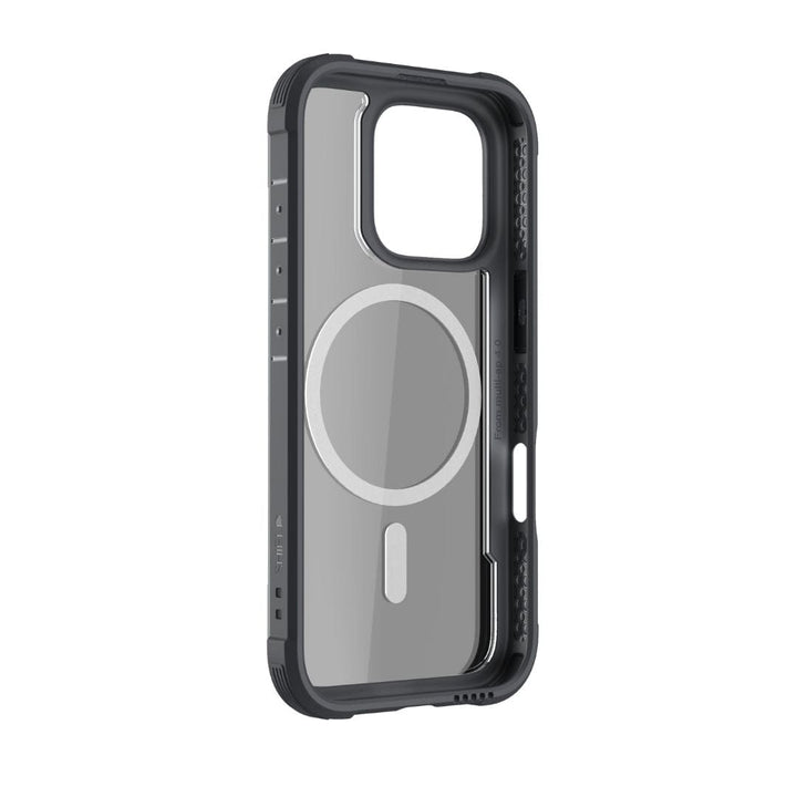 The Raptic Shield MagSafe Case for iPhone 16 Pro Max by Raptic is a transparent protective case with a black border, tailored for smartphones with a prominent camera cutout on the back. This case features a circular MagSafe alignment within the clear back, offers 3-metre drop protection, and includes textured sides for enhanced grip.