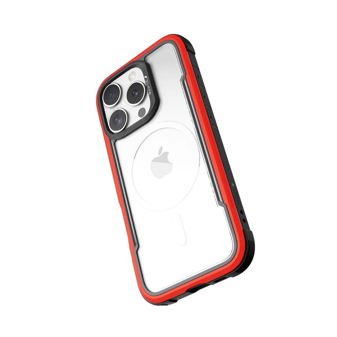 The Raptic Shield MagSafe Case for iPhone 16 Pro Max is a clear protective case with a red and black bumper. It showcases the Apple logo through its transparent back while accommodating the triple-lens rear camera. Designed for durability, it offers 3-metre drop protection, reinforced corners, and precise cutouts for buttons and ports.