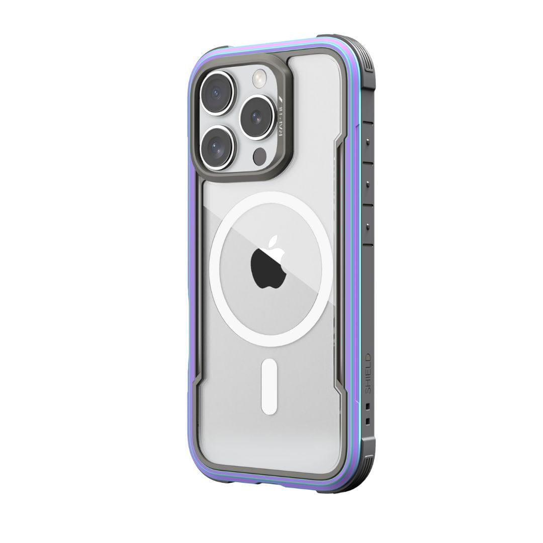 The Raptic Shield MagSafe Case for iPhone 16 Pro Max by Raptic is a rugged, transparent case featuring reinforced corners and a grey border with blue accents. It supports the triple camera setup and boasts 3-metre drop protection. Additionally, it includes a circular MagSafe charging indicator with an Apple logo in the center.