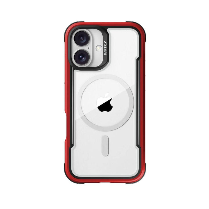 A Raptic Shield MagSafe Case for iPhone 16, transparent with a black and red border around the edges. The back includes a circular cutout to reveal the Apple logo on the phone. The dual-camera section at the top left is highlighted in black, with "RAPTIC" written in white. It meets MIL-STD-810G standards for 3-meter drop protection.