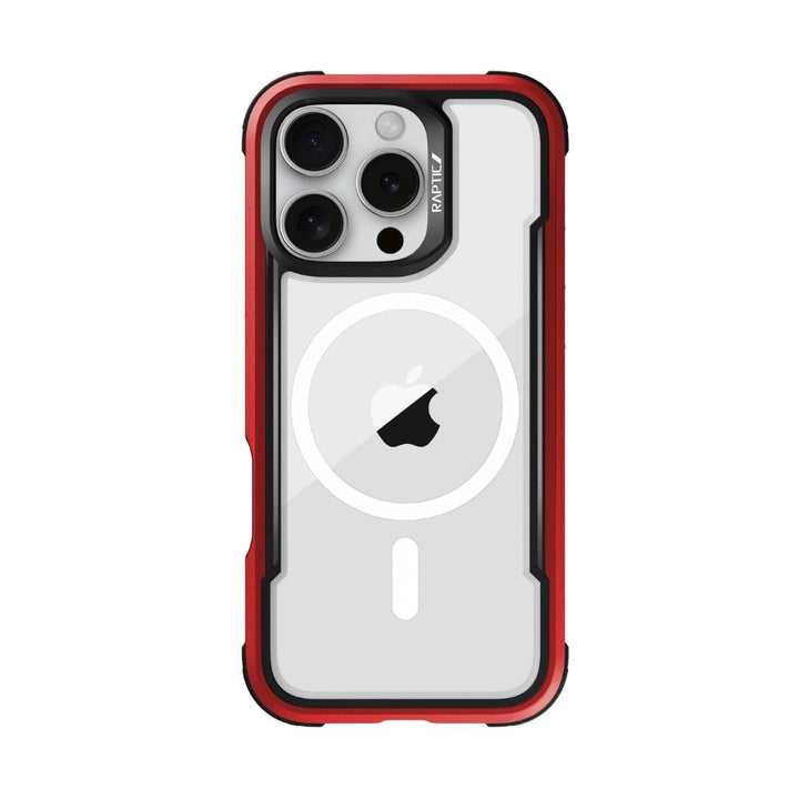 The Raptic Shield MagSafe Case for iPhone 16 Pro Max, featuring a clear design with a red border, protects a silver iPhone 16 Pro Max while showcasing the Apple logo. This MagSafe compatible case has reinforced corners and includes a black "Raptic" label near the camera cutout. The phone displays three rear lenses and a white circle indicating MagSafe functionality, offering 3-metre drop protection.