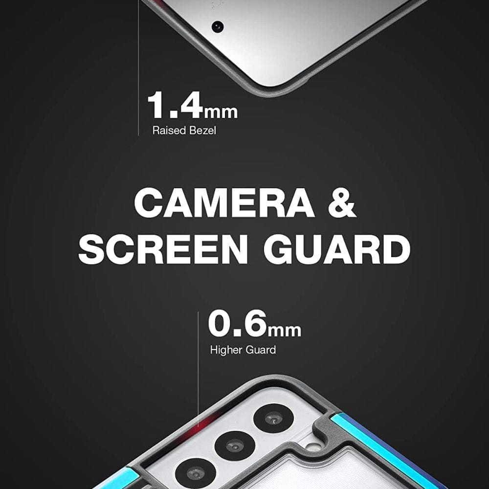 Close-up of a Raptic Shield Case for Samsung S25 highlighting protective features with sleek design: top has 1.4mm raised bezel for screen protection, bottom offers 0.6mm higher guard for rear camera lenses. Black background with bold white text: "CAMERA & SCREEN GUARD.