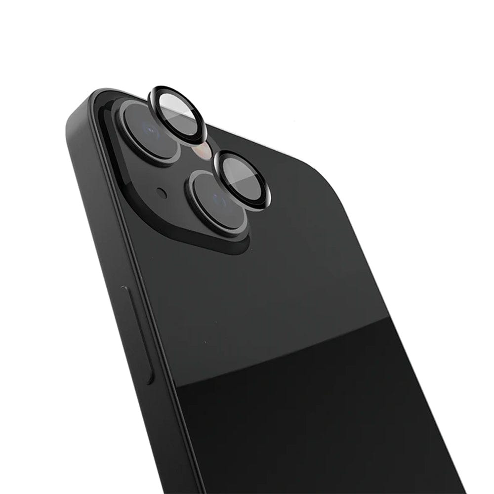 A close-up view of the Raptic Armour iPhone 16, 16 Plus Camera Lens Protector on a modern black smartphone showing its rear camera system. The phone features a sleek, reflective finish and has three prominent circular camera lenses protected by the anti-fingerprint Raptic lens shield in the top left corner, along with a smaller sensor unit. The side buttons are visible along the edge.