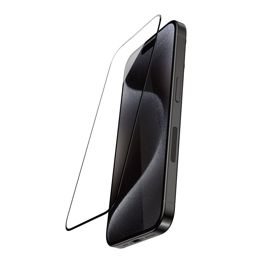 A sleek, black iPhone 16 with a glossy screen is displayed at an angle. A RAPTIC Full Cover for iPhone 16 Series hovers partially applied above the phone's surface. The device boasts a slim profile, with visible side buttons and a single charging port at the bottom.