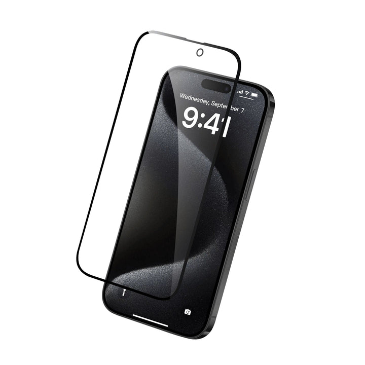 A modern iPhone 16 with a black frame is displayed with a Raptic Full Cover for iPhone 16 Series screen protector partially placed over the display. The screen shows the date Wednesday, September 7, and the time 9:41. The lock screen background is a sleek, dark pattern.