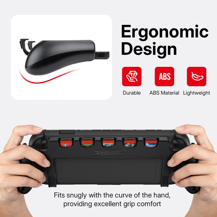 A person holds the MobileTechnica Console Grip with 5 Game Slots for Nintendo Switch 2 by Mcbazel. The close-up shows its curved, ergonomic design. Text highlights its durable ABS construction, lightweight feel, and comfortable grip.