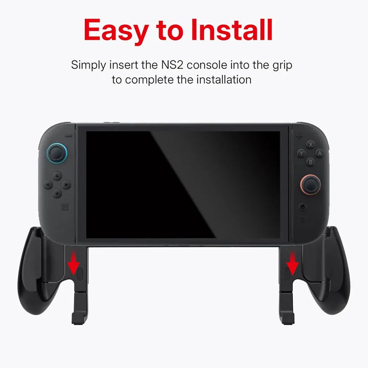 A black Nintendo Switch 2 is shown mounted on the MobileTechnica Console Grip with 5 Game Slots by Mcbazel, with red arrows highlighting easy installation into this ergonomic controller accessory.