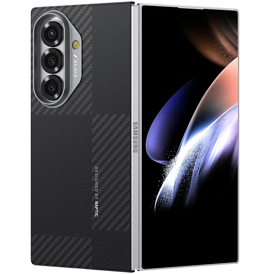 A partially open RAPTIC Samsung Galaxy Fold 7 Skin Case in aramid fibre shows a vivid abstract display. The left side features a carbon fiber-textured cover with triple rear cameras, offering premium MagSafe-compatible protection and subtle branding.