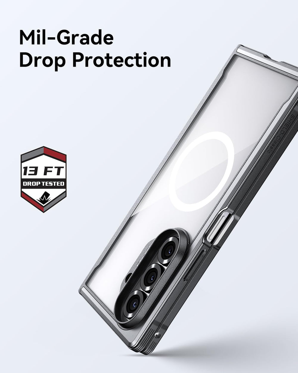 The RAPTIC Samsung Galaxy Fold 7 Raptic Shield Black case is shown in a clear, rugged design, angled to showcase reinforced edges and camera. “Mil-Grade Drop Protection” text appears with a shield graphic stating “13 FT Drop Tested.”.