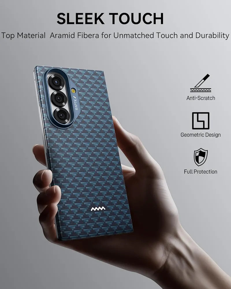 A hand holds the RAPTIC Samsung Galaxy Fold 7 Skin Case - Profound Navy, featuring a blue geometric aramid fiber finish. “SLEEK TOUCH” text appears above, with icons for hinge protection, anti-scratch, and MagSafe compatibility.