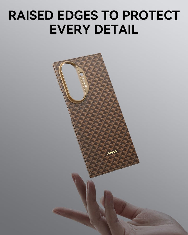 A hand tosses the RAPTIC Samsung Galaxy Fold 7 Skin Case – Humble Desert, featuring a brown houndstooth pattern and gold accents. “RAISED EDGES TO PROTECT EVERY DETAIL” stands out above, set against a smooth gray gradient background.
