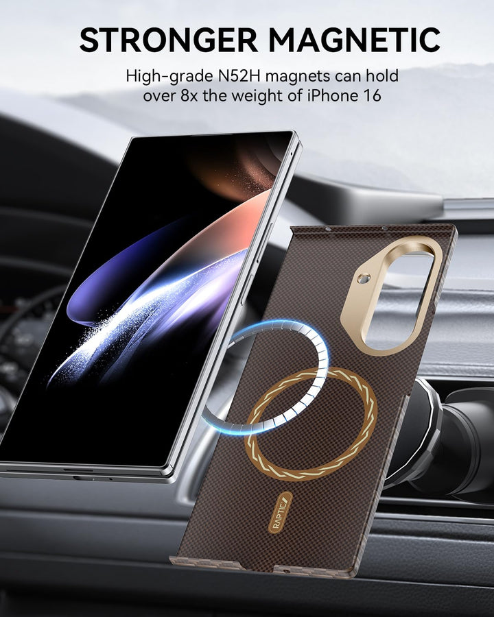 A Samsung Galaxy Fold 7 floats in front of the RAPTIC Humble Desert MagSafe-compatible case with a gold magnetic ring, above a car dashboard. Text: “STRONGER MAGNETIC. High-grade N52H magnets hold over 8x the weight of Galaxy Fold 7.”.