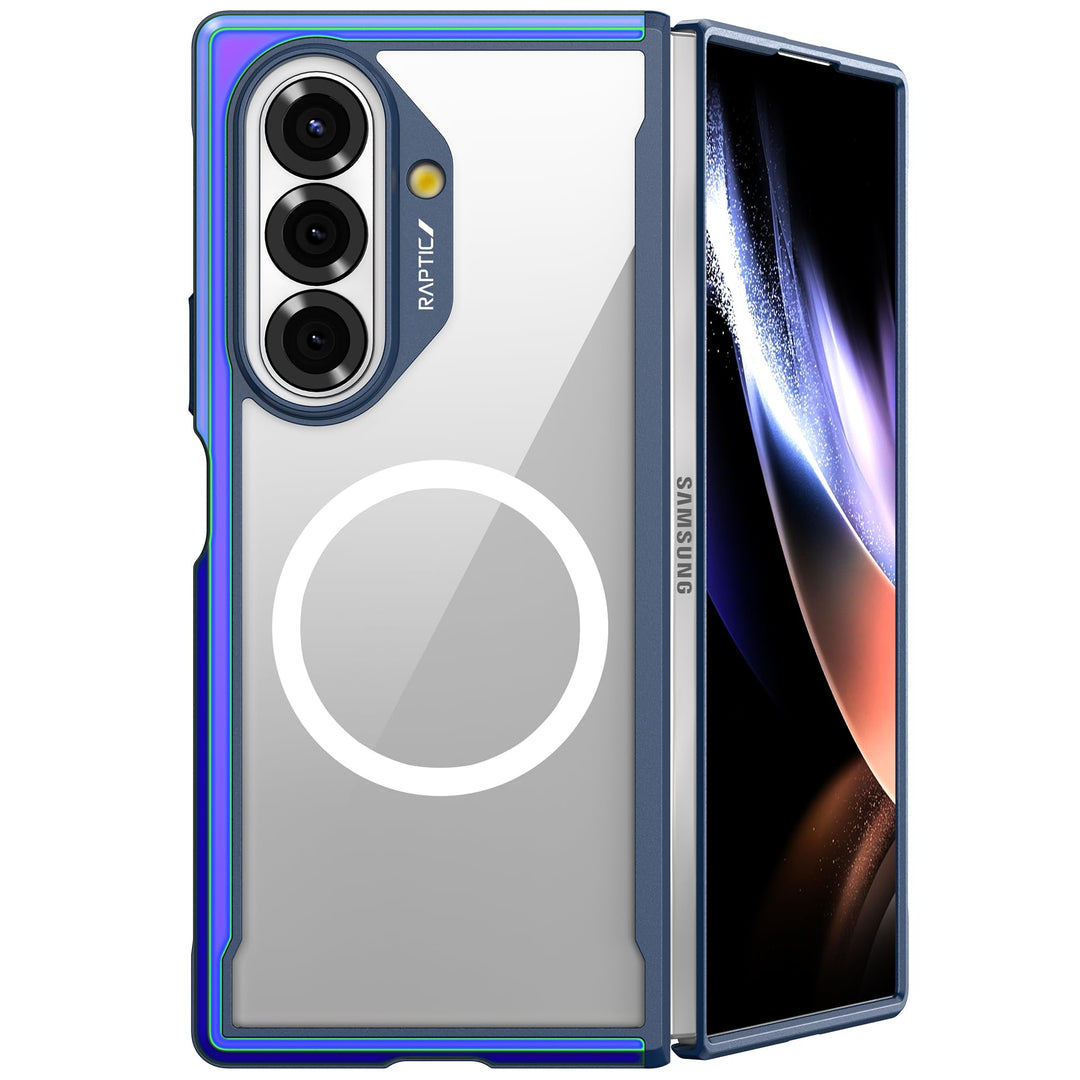 The RAPTIC Shield Iridescent case for Samsung Galaxy Fold 7 features a blue-edged clear design with hinge protection. Three rear cameras are vertically aligned above a flash and white circle, while the partially unfolded phone displays its vibrant screen.