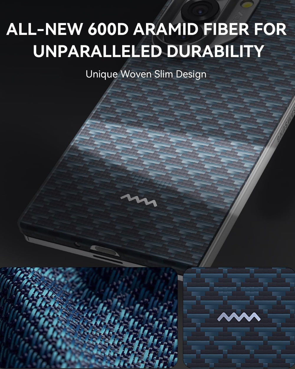 The Samsung Galaxy Fold 7 Skin Case - Raptic Profound Navy by RAPTIC features dark blue and black 600D aramid fiber for superior protection. With a textured, checkered finish, it showcases fine weave detail and is MagSafe compatible for extra convenience.