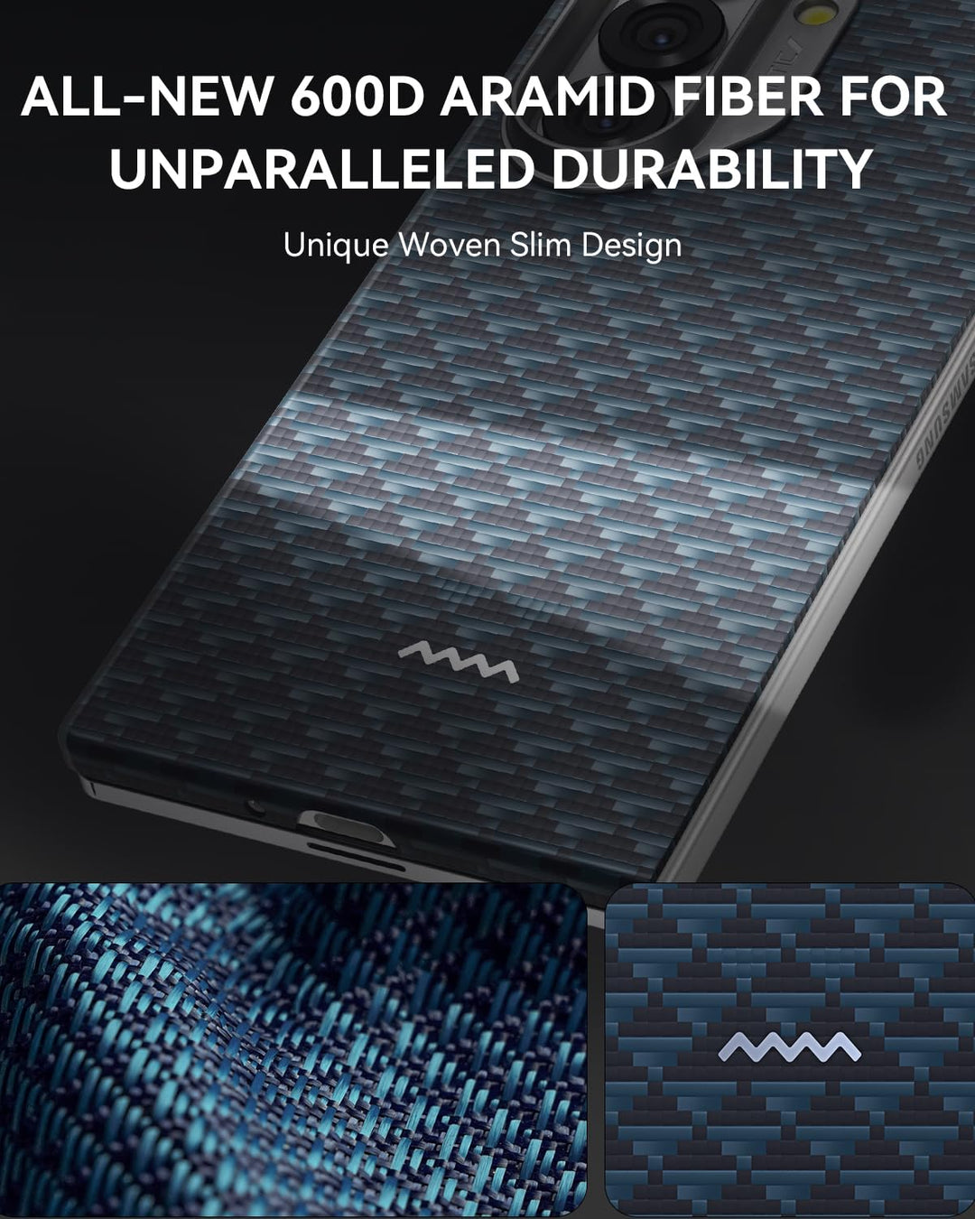 The Samsung Galaxy Fold 7 Skin Case - Raptic Profound Navy by RAPTIC features dark blue and black 600D aramid fiber for superior protection. With a textured, checkered finish, it showcases fine weave detail and is MagSafe compatible for extra convenience.