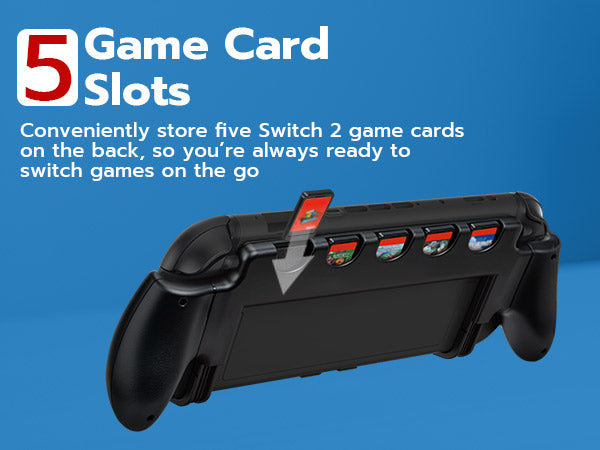 The MobileTechnica Console Grip with 5 Game Slots for Nintendo Switch 2 by Mcbazel is shown from the back, featuring five game card slots with cards inserted. A bold red "5" and "5 Game Card Slots" stand out against the blue background.