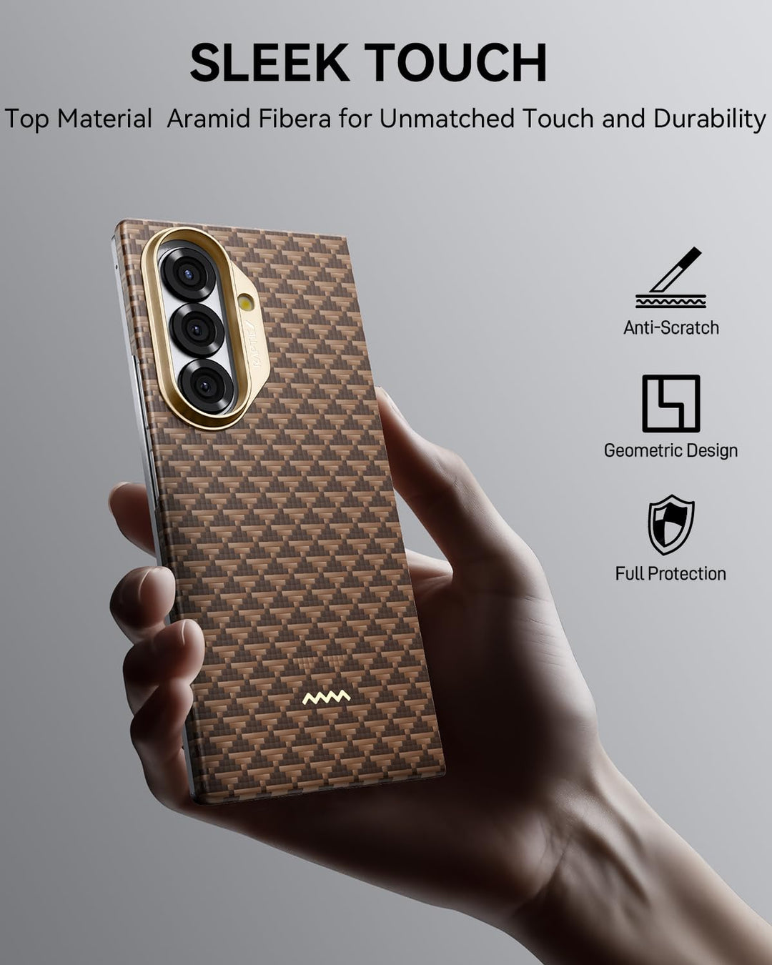 A hand holds the RAPTIC Samsung Galaxy Fold 7 Skin Case - Humble Desert, featuring a brown geometric aramid fiber finish. Gold-trimmed triple cameras, “Sleek Touch” text, and icons for phone protection, MagSafe compatibility, and anti-scratch features are shown.